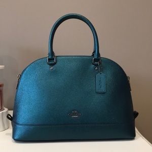 Coach metallic teal cross grain leather satchel new without tag